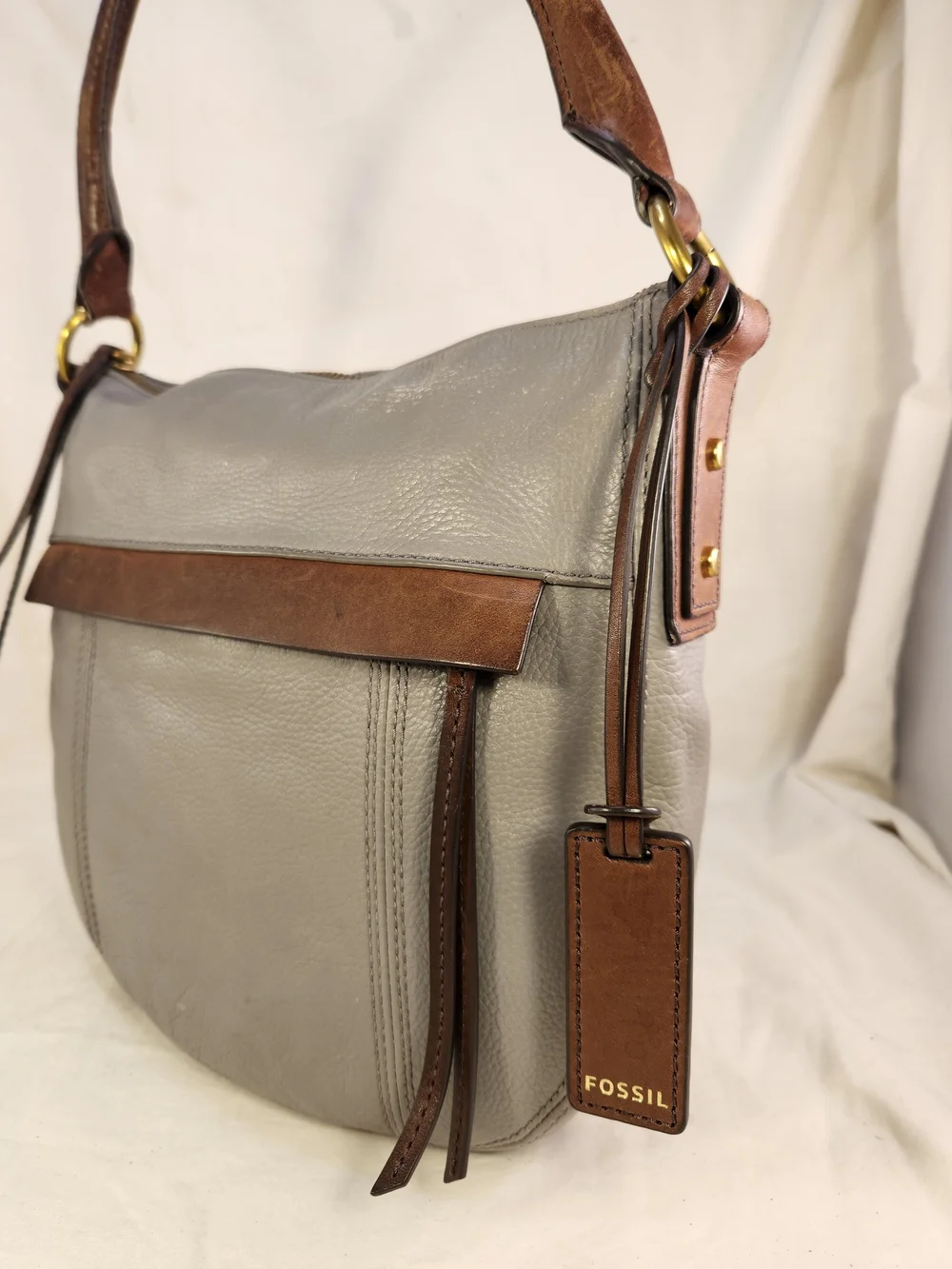 FOSSIL PEBBLED LEATHER GRAY BROWN HAND SHOULDER BAG PURSE EUC